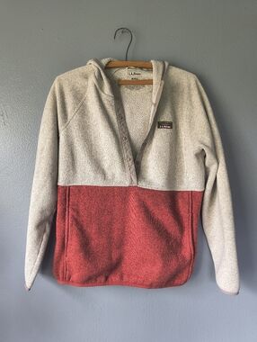 L.L. Bean Two-Tone Hooded Fleece Pullover - Cream & Red